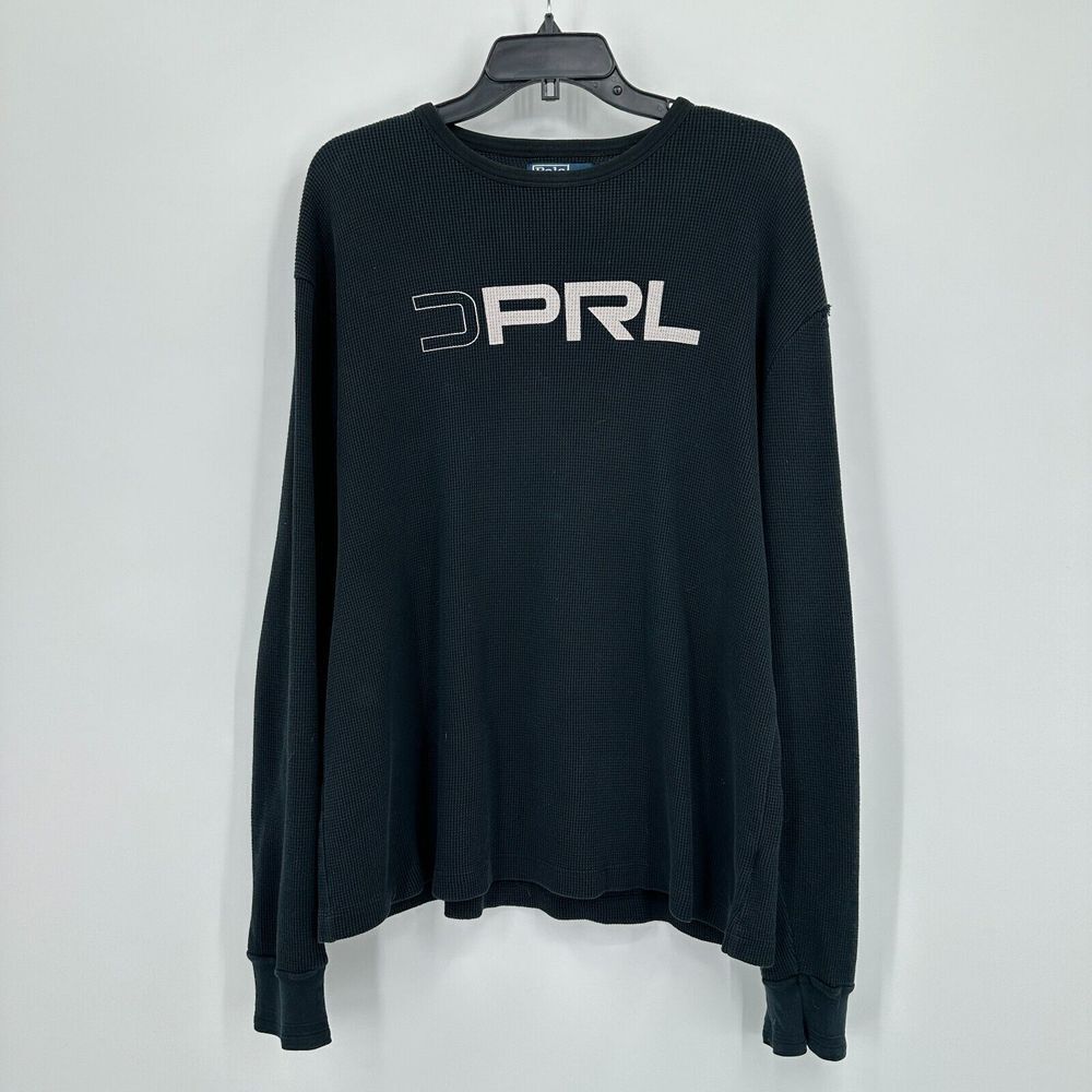 Vtg Polo Ralph Lauren Shirt CZ Mens L Black White Waffle‎ Knit 90s Y2K Mall Goth